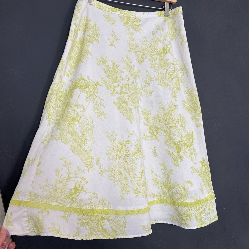 Coldwater Creek Skirt Womens Size 16 Green Linen Midi Toile Coastal Elegant - Picture 2 of 6